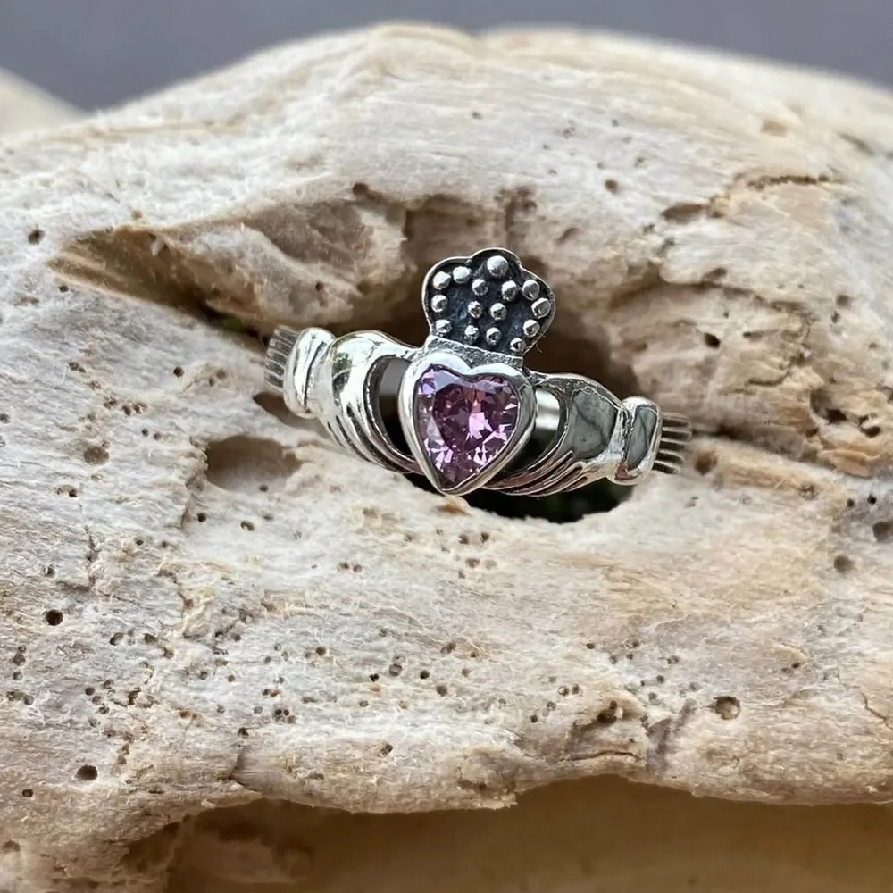 Sterling Silver Claddagh Pink Ice Cz Ring Size 8,9